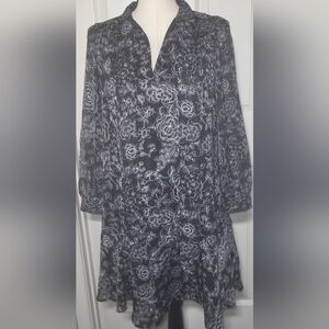 LOFT Petites Floral Dress Womens SP Black White Smocked 3/4 Sleeve
